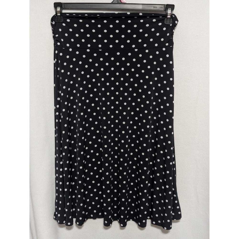 One Fashion USA Black White Polka Dot A-Line Midi Skirt XL Stretch Ruched Waist